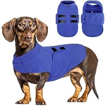 Queenmore Soft Fleece Dog Jacket, Warm Winter Coats with Leash Hole, Dachshund Sweaters for Small Dogs Cats Boy or Girl (Blue, L)