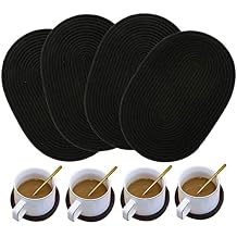 4 Pack Oval Woven Placemats and Set of 4 Round Fabric Coasters, Heat-Resistant Non-Slip Tablemats Woven Washable Charger Plates for Table Decoration (Black)