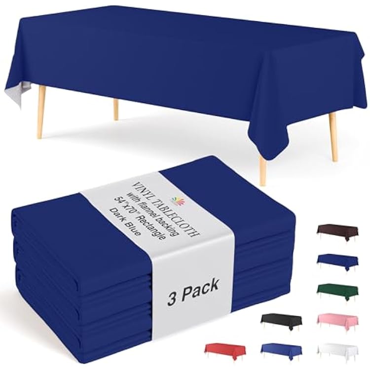 Exquisite Blue Vinyl Tablecloths - 54 in. X 70 in. - Pack of 3 Rectangle Tablecloths with Flannel Backing - Plastic, Reusable & Waterproof