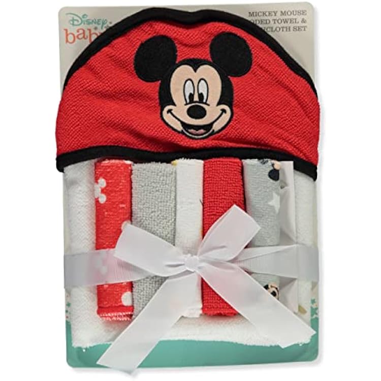 Cudlie Disney Baby Mickey Mouse Happy Face Print Hooded Towel with 5 Piece Washcloth Set
