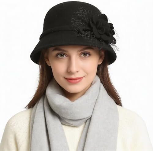 Ruphedy Women Wool Felt Bucket Hat Winter Church Dress Cloche Hats 1920s 50s