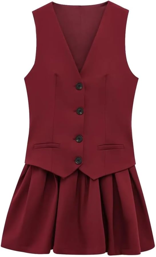ERFMFKL Women Striped V-Neck Sleeveless Mini Dresses Pockets Single Breasted Pleated Dress