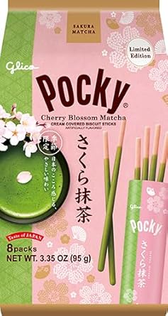 Pocky Cherry Blossom Matcha Biscuit Sticks Limited Edition Sakura & Matcha Flavor, Crispy Biscuit Sticks Coated in Green Tea Cream, 2.47oz (1 Pack)