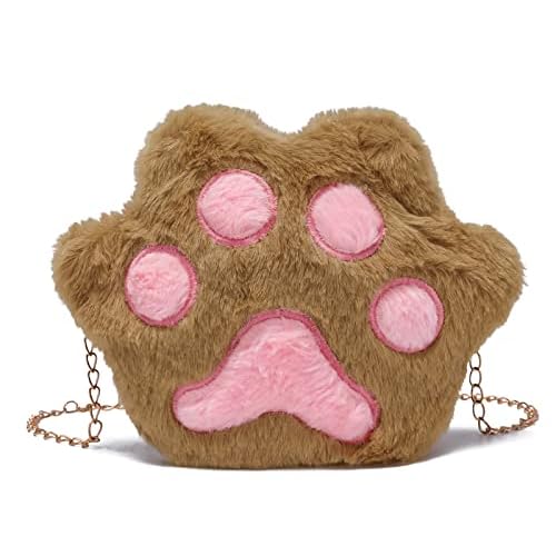 JHVYF Girls Cute Plush Crossbody Bag Kawaii Cats Paw Shoulder Purse for Women Cell Phone Wallet Handbags Brown