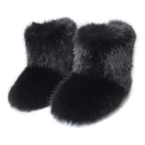 QMFUR Kids Girls Boys Furry Fluffy Short Snow Boot Suede Faux Fur Boot Winter Warm Mid-calf Boot Comfortable Flat Shoes Outdoor
