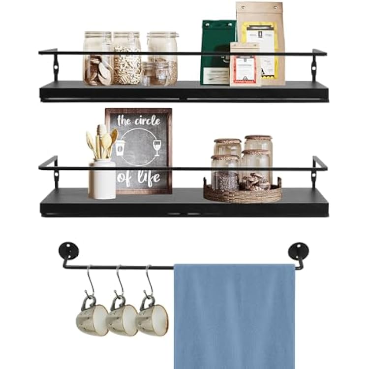 Floating Shelves Set of 2, Wall Shelf with Towel Bar, Rustic Wooden Wall Mounted Shelves for Bathroom, Bedroom, Kitchen, Living Room White