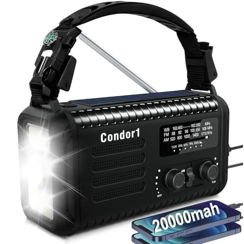 NOAA Weather Radio 20000mAh Battery Powered|Solar Hand Crank Emergency Radio AMFM|USB-C Charger|SOS Alarm|Flashlight & Reading Lamp|Hurricane Storm Power Outage Survival Emergencies Black