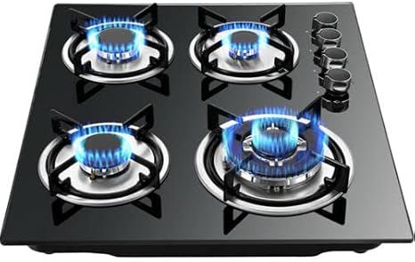 23" 4 Burners Gas Cooktop Black Tempered Glass Gas Cooktop Built-in LPG/NG Cooker Convertible Natural Gas Propane Cooktops for Home, Restaurtant, RVs