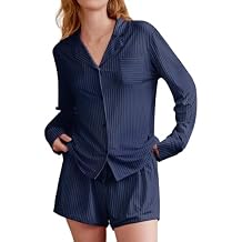 KFUBUO Women's 2 Piece Striped Pajama Sets Long Sleeve Button Down Shirts Matching Shorts Set 2025 Fall Loungewear