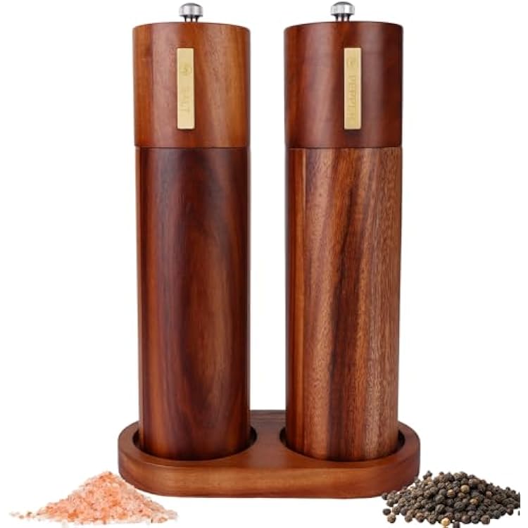 2 Set Wood Salt and Pepper Grinder 8 Inch Manual Salt and Pepper Mill with Tray Adjustable Coarseness Refillable Grinder with Gold Bottle Label Smooth and Quality Grinding Mechanism for Kitchen