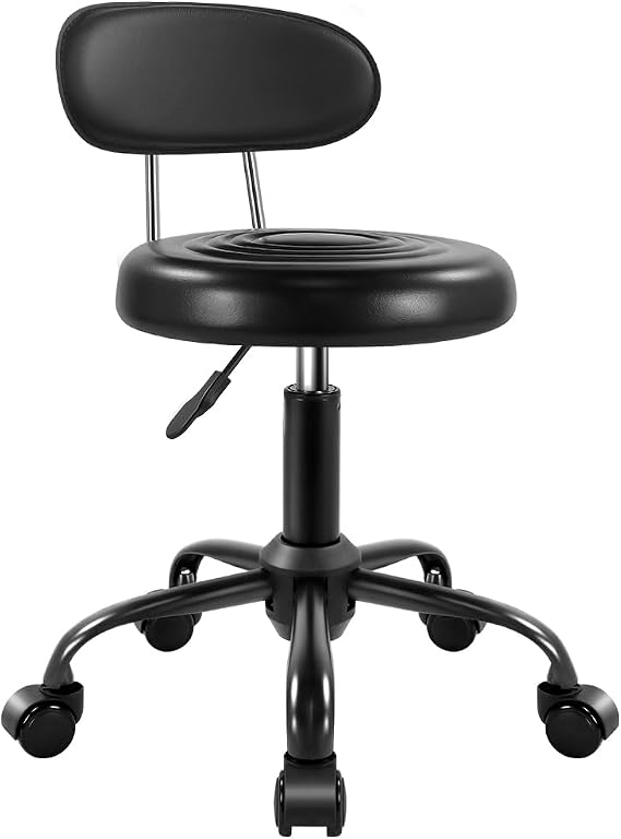 WKWKER Rolling Stool with Wheels Swivel Stool with Back Height Adjustable Chair PU Leather Rolling stools Ideal for SPA Salon Home Office Drafting Work (Black)