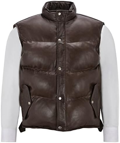 Men's Puffer Leather Waistcoat Brown Padded Lambskin Leather Casual Vest Style