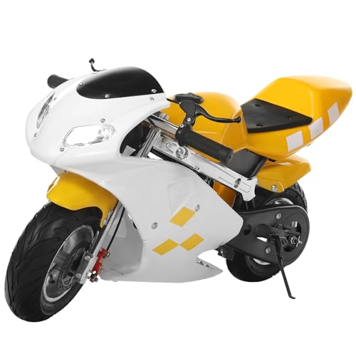 49cc 2 Stroke Pocket Bike, Kids Dirt Bike, Gas Pocket Motorbike with Strong Dual Brake, Racing Max Speed 20mph, Dual Headlights for Outdoor White & Yellow