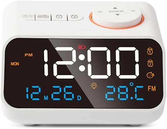 Multifunction Digital Radio Alarm Clock - 0-100% Infinite Dimmer, Radio with Sleep Timer, Long Time Lighting, Temperature and Humidity, Easy to Set Bedside Clock White