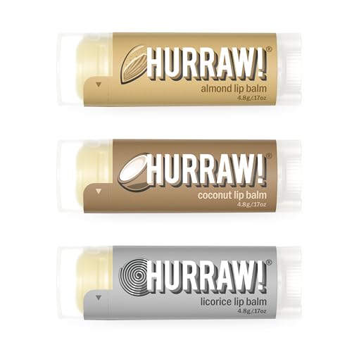 Hurraw! Almond, Coconut, Licorice Lip Balms, 3 Pack Bundle: Organic, Certified Vegan, Cruelty and Gluten Free. Non-GMO, 100% Natural. Bee, Shea, Soy & Palm Free. Made in USA