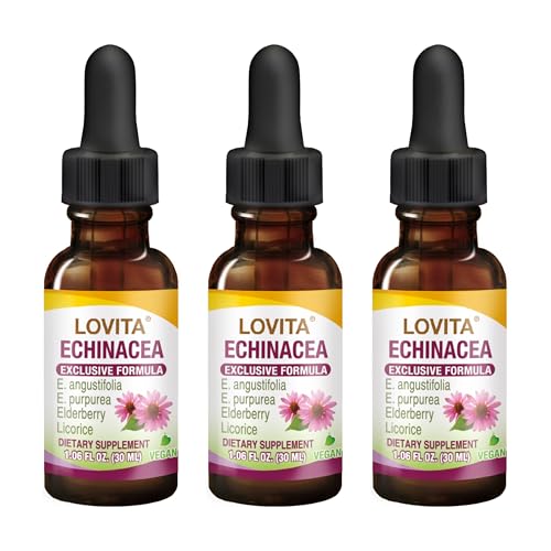 Lovita Echinacea Extract Liquid | 1 FL OZ | 350 mg per Serving | Concentrated Herb Tincture | Vegan | Alcohol-Free | with Elderberry and Licorice Extract Pack of 3