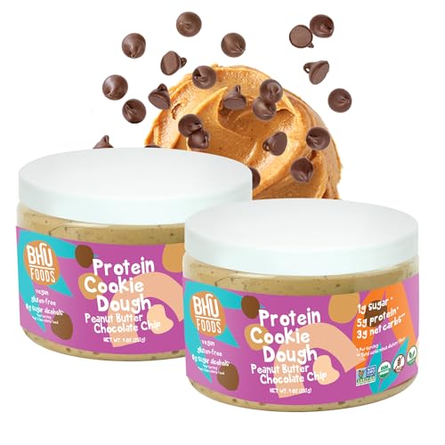 BHU FOODS Keto Cookie Dough Snack Jar - Peanut Butter Chocolate Chip, 5g Net Carbs, 5g Protein, less than 1g Sugar - Organic, Vegan, Gluten, DairySoy Free - 9oz 2 Jars - Snacks for Mom and Kids