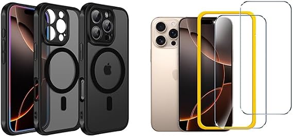 ivoler Magnetic Case for iPhone 16 Pro 6.3" Matte Black and 2-Pack Tempered Glass Screen Protector with [Alignment Frame] Anti-Scratch,Transparent HD