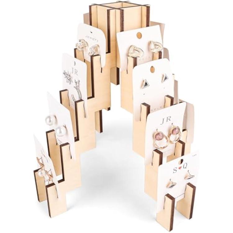 Portable Wooden Jewelry Display Tower, 4-Sided 16-Slot Rotating Earring & Bracelet Showcase with Card Holder, Free-Standing Retail Merchandiser