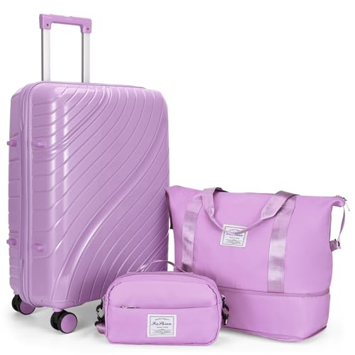 3 Pieces Suitcases Set with Wheels PP Hardside Hard Shell Travel Luggage with TSA Lock 20inch Purple