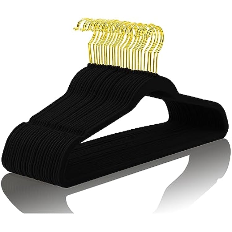 MIZGI Premium Velvet Hangers Pack 60 Pcs Heavyduty - Non Slip Slimline - Velvet Suit Hangers Black - Gold Hooks,Space Saving Clothes Hangers
