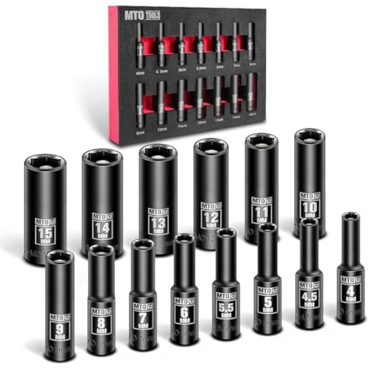 MTO 14-Piece 14 Drive Magnetic Deep Impact Socket Set, Metric Size 4mm-15mm 6 Point Sockets