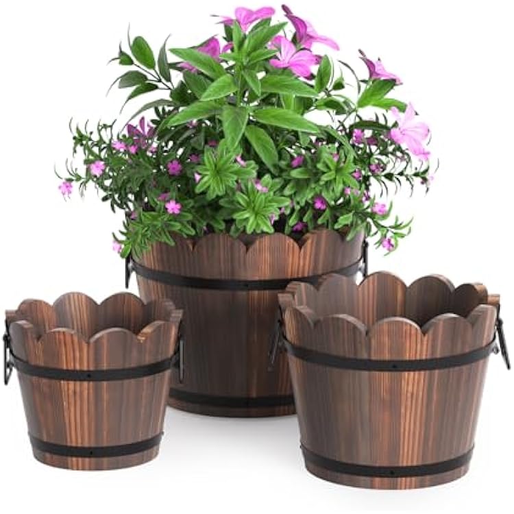Wooden Bucket Barrel Planters, Rustic Patio Planters Flower Pots for Plants Indoor Decor, Set of 3
