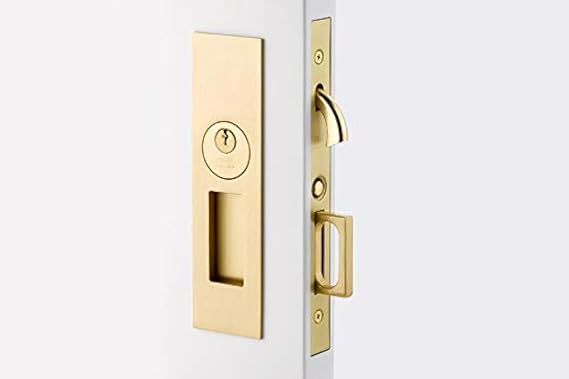 Emtek Pocket Door Mortise - Narrow Modern Rectangular Keyed Function (Satin Brass)