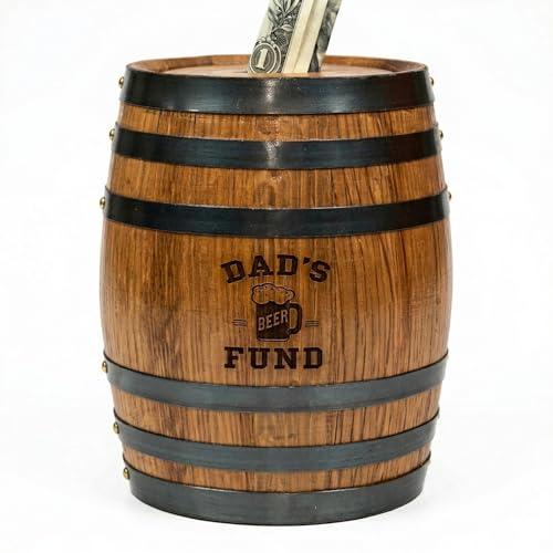 Handmade Wooden Oak Barrel Adult Piggy Bank - Money Saver for Real Cash, Bills & Coins - Large 6.5 x 4.5 x 4.5 inches with Dads Beer Fund Engraving - Piggy Banks for Adults