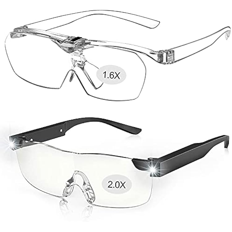 OKH Magnifying Glasses Set, 200% Rechargeable Led Magnifying Glass with Light, 160% Flip Magnifier Eyeglasses Transparent, Hands Free for Close Work