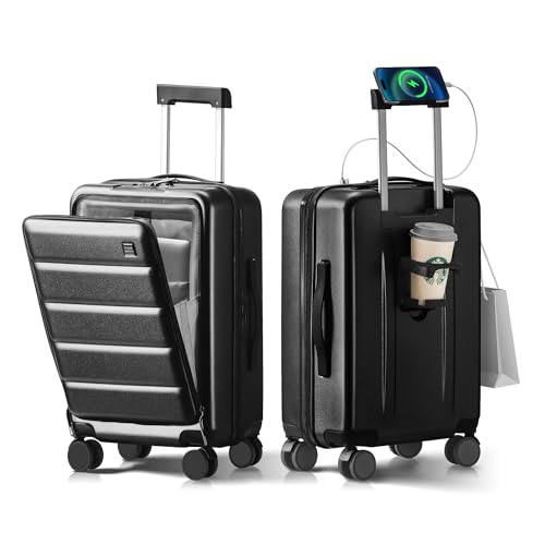 20 IN Carry On Luggage 22x14x9 Airline Approved - Front Pocket Hardside Travel Suitcase Unbreakable -with Cup Holder,Charging Port,Side Pothook, 360Spinner Wheels, TSA Lock-Black