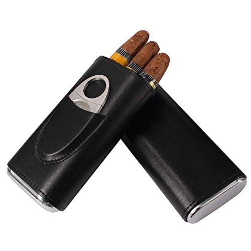 AMANCY Classic Black Leather 3 Fingers Cigar Case with Cedar Wood Lining, Jacket Pocket Suitable Travel Cigar Humidor Holder Silver Stainless Steel Cutter Contained