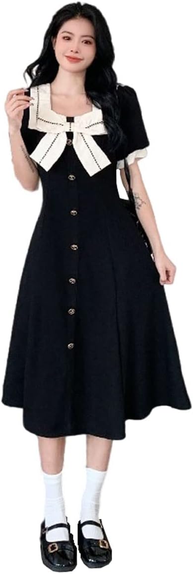 French Vintage Dress Hepburn Style Square Neck Bow Black Dress Women's Large Black Dress