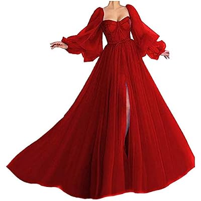 Puffy Sleeve Prom Dress Ball Gowns for Women Sweetheart Tulle Formal Evening Dress Wine Red-US6 6