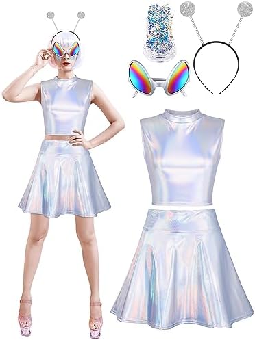 SOMSOC Alien Costume Metallic Top Sleeveless Crop Tank Top Pleated Skirt with Headband Glasses Glitter for Halloween Cosplay