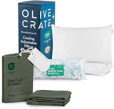 Olive + Crate Adjustable Cooling Pillow and Tencel Eucalyptus Pillowcase Set Queen Size - Hypoallergenic, Moisture-Wicking, Custom Loft Support A Hot Sleepers Must Have Sleep Bundle - Moss