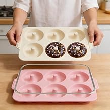 Nonstick Silicone Donut Pan: 4 Inch Large Donut Mold with Metal Frame - Bagel Doughnut Pan for Baking Gluten Free Glazed Vegan - for Oven Housewife Home Baker Baking Lovers (Pink & Beige)