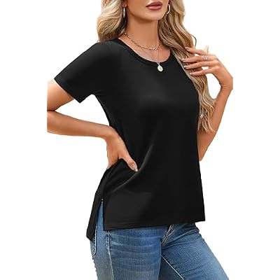Herou Womens Short Sleeve T-Shirt - Crew Neck Causal Plain Outfit Top with Side Split