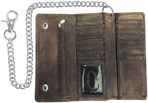 IBRO VINTAGE Motorcycle Chain Wallet for Men Premium Cowhide Leather, RFID Tri-Fold Biker Wallet with Heavy Duty Chain for Bikers Truckers & Hunters, Credit Card Money Organizer Long Wallet | Long Trifold, RFID Blocking, Mens, Trucker Biker