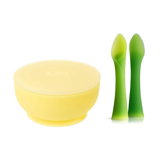 Olababy 100% Silicone Soft-Tip Training Spoon and Suction Bowl with Lid Bundle