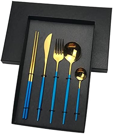 Silverware Flatware Set, 5/20/30/40/50/60 Piece Portuguese Cutlery Flat Handle Stainless Steel Knives, Forks, Spoons And Chopsticks(Blue Gold,60 Piece set for 12)