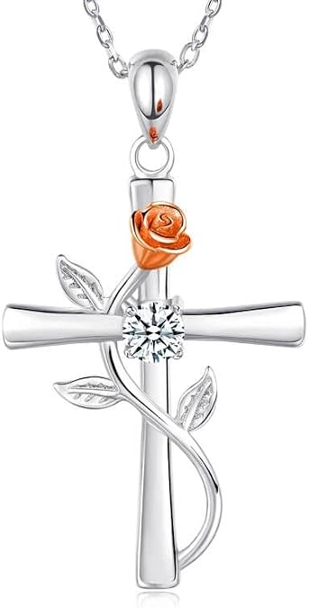 Cross Necklace for Women 925 Sterling Silver Rose Flower Religious Cross Pendant Necklace Jewelry Gifts for Women Girlfriend Wife