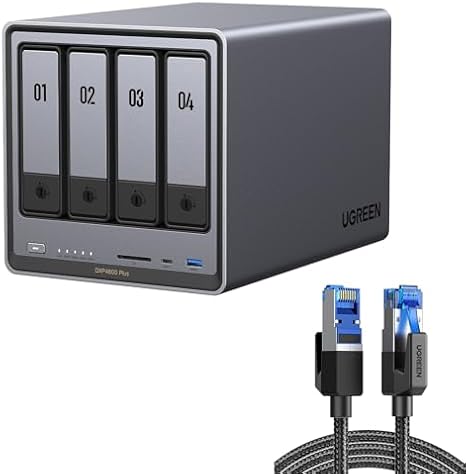 UGREEN NASync DXP4800 Plus 4-Bay NAS + 2M Cat8 Cable, Intel Pentium 8505 5-Core, 8GB DDR5, 128G SSD, 10GbE+2.5GbE, 2×M.2 NVMe, 4K HDMI |40Gbps 2000Mhz Flat Braided RJ45 (Diskless）