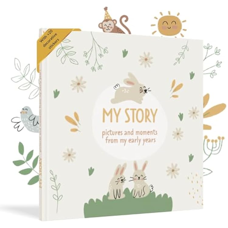 Baby Book Keepsake Gender Neutral to Paste Photos and Writing with 50 Pages and Stickers - Baby Memory Book from the First Year to 5th - Newborn Gifts, Baby Shower and Gender Reveal