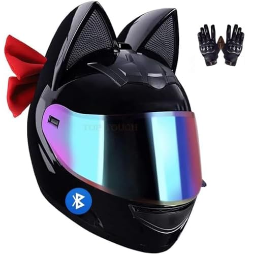 Cute Street Cat Ears Bluetooth Motorcycle Helmet, Full Face Cool Girl Scooter Flip up Visors Motorbike Helmet, Men Adults Helmets for Moped Cruiser Jet Chopper, DOT Certified, Four Season, S-XL