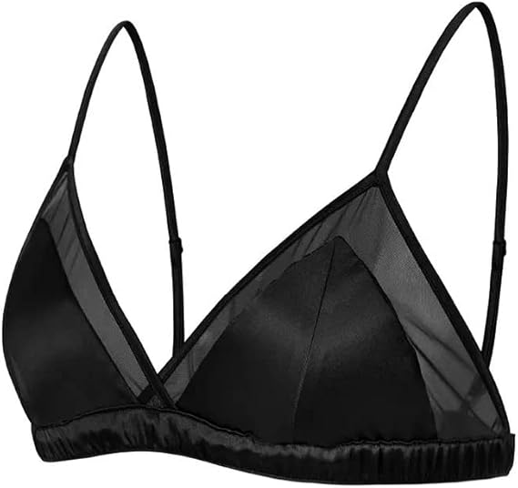 Women's Satin Triangle Bralette Tops Silk Wirefree Bra mesh Cami Bra with Removable Pads