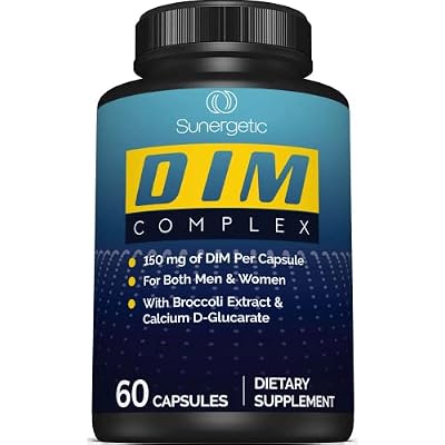Sunergetic Premium DIM Supplement 150mg diindolylmethane, Broccoli, Calcium D-Glucarate & Bioperine for Men & Women DIM Complex for Menopause Support & Balance - 60 Capsules