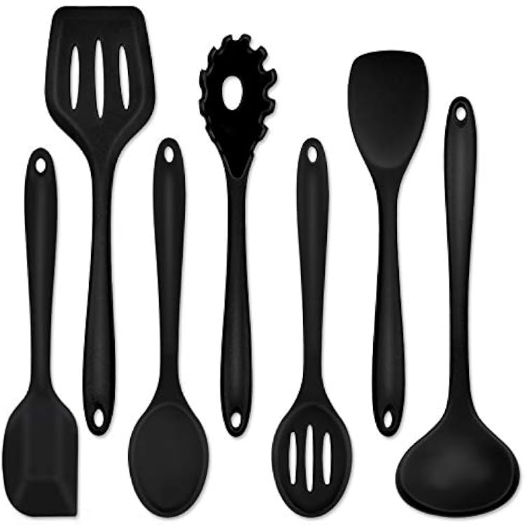 P&P CHEF Silicone Cooking Utensils Set of 7, Heat-proof Kitchen Utensils Set for Nonstick Cookware, Non-stick Spatula, Slotted Turner, Soup Ladle, Pasta Server, Spoon for Cooking Serving - Black