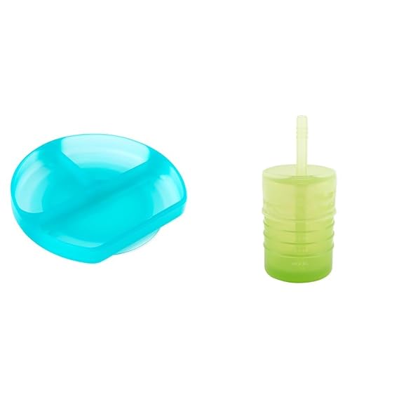 Bumkins Toddler and Baby Suction Plate with Sections, Silicone Divided Grip Dish and Trainer Cup with Straw and Lid, Babies and Kids, Baby Led Weaning, Children Feeding Supplies, Ages 6 Months Up