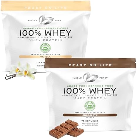 Muscle Feast 100% Grass Fed Whey Protein Bundle Chocolate & Vanilla Blend, 5lb Each All Natural, Hormone-Free, Whey Concentrate, Isolate & Hydrolyzed Mix